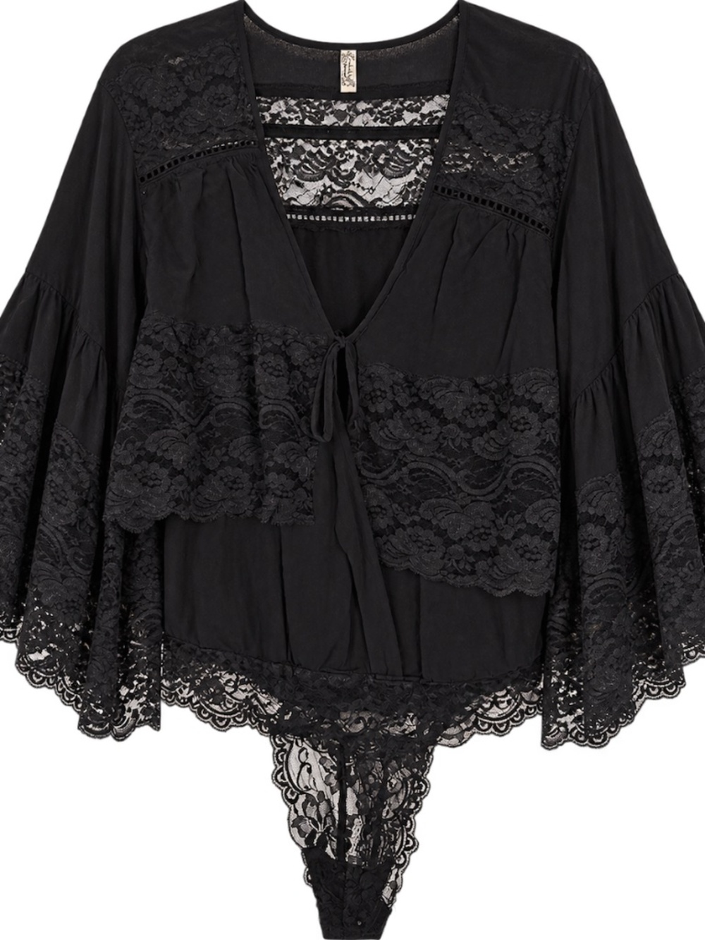 Free People Tiers Not Tears Black Lace Wide Sleeve Bodysuit NWOT Size S